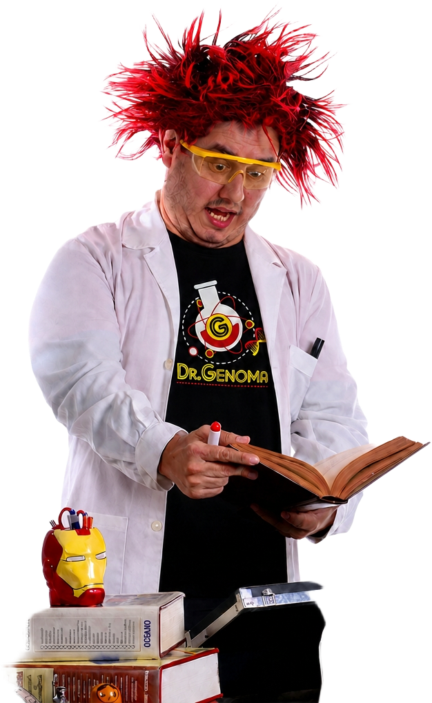 Dr. Genoma con su bata y peluca roja rodeado de libros y experimentos